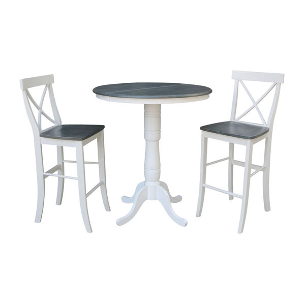 White and Heather Gray 36-Inch Round Extension Dining Table With Two X-Back Bar Height Stools, Three-Piece, image 1