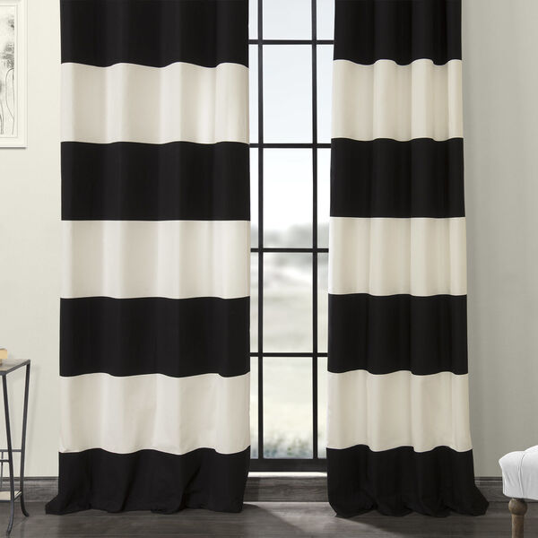 Black and OffWhite Horizontal Grommet Stripe Cotton Curtian Single Panel, image 4