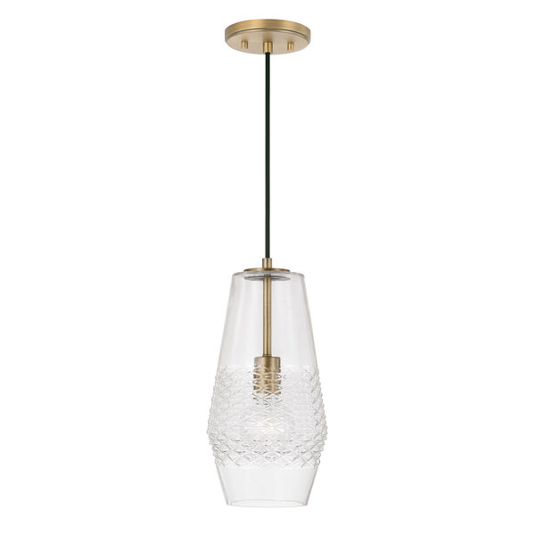 Dena Aged Brass One-Light Pendant with Diamond Embossed Glass and Black Braided Cord, image 1