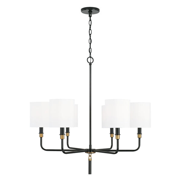 Beckham Glossy Black and Aged Brass Six-Light Chandelier with White Fabric Stay Straight Shades, image 1