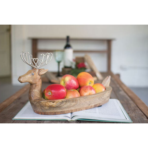 Hand Carved Mango Wood Reindeer Bowl with Metal Antlers, image 1