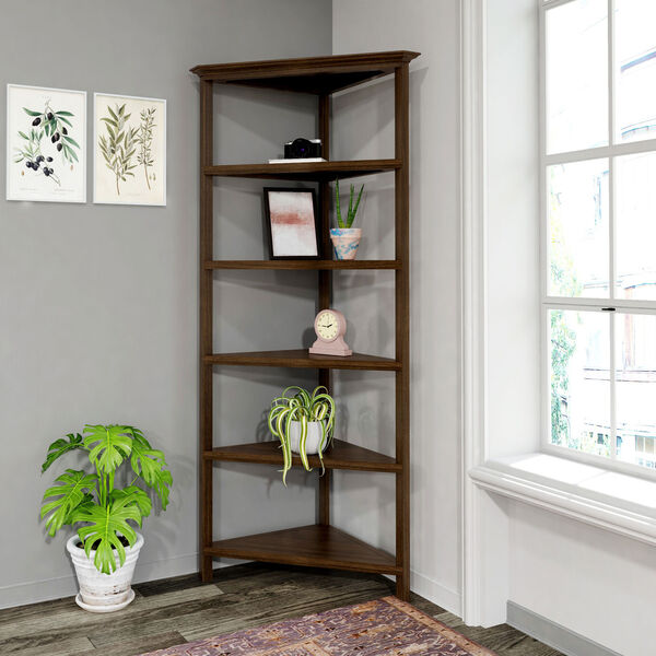 Walnut 5-Tier Corner Wooden Bookcase, image 1