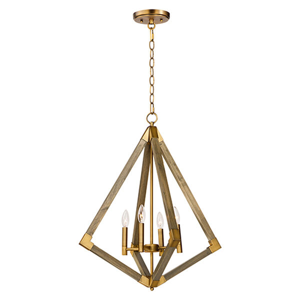 Vector Weathered Oak and Antique Brass Four-Light Adjustable Pendant, image 1