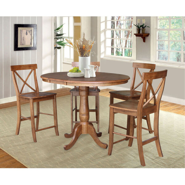 Distressed Oak 35-Inch Round Extension Dining Table with Four X-Back Stool, image 3