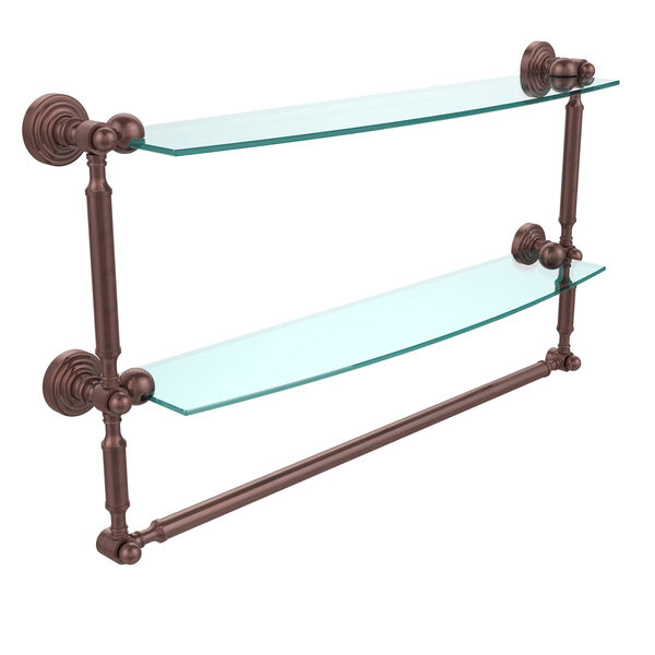 Waverly Place Collection 24 Inch Two Tiered Glass Shelf with Integrated Towel Bar, Antique Copper, image 1