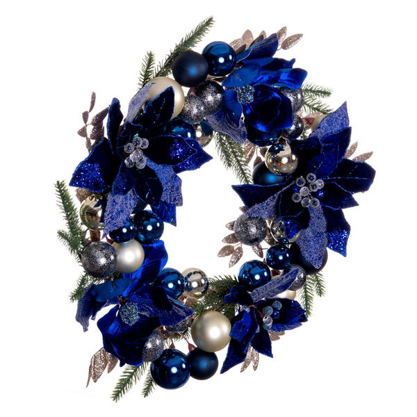 Midnight Blue 22-Inch Artificial Magnolia and Poinsettia Leaf Wreath, image 5