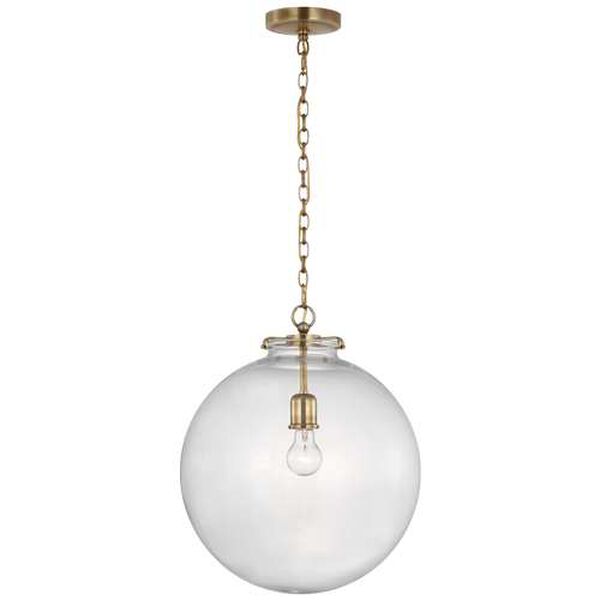 Katie Antique Brass One-Light Large Globe Pendant with Clear Glass by Thomas O'Brien, image 1