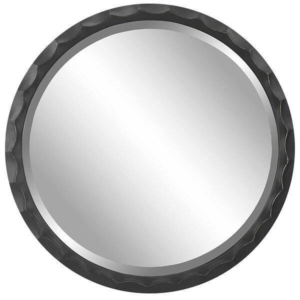 Scalloped Aged Black and Silver Round Wall Mirror, image 2