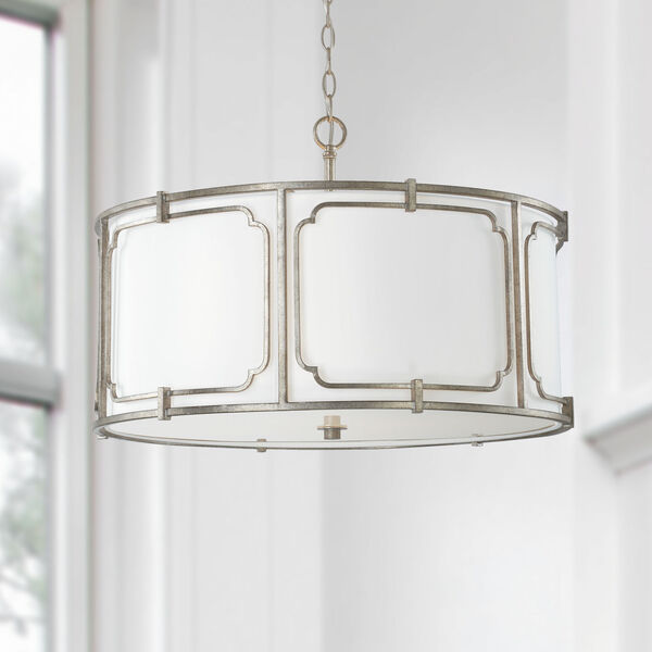 Merrick Antique Silver Four-Light Drum Pendant with White Fabric Shade and Glass Diffuser, image 2