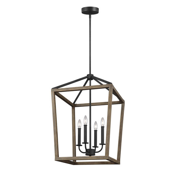 Gannet Weathered Oak Wood and Antique Forged Iron 18-Inch Four-Light Pendant, image 1