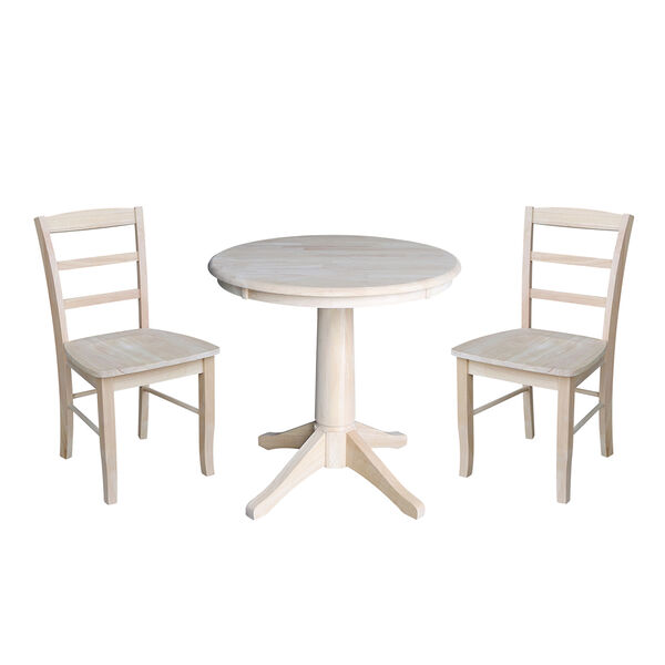Unfinished 30-Inch Straight Pedestal Dining Table with Two Madrid Chairs, image 1