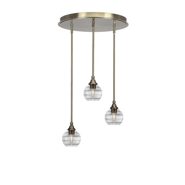 Empire New Age Brass Three-Light Cluster Pendalier with Six-Inch Clear Ribbed Glass, image 1