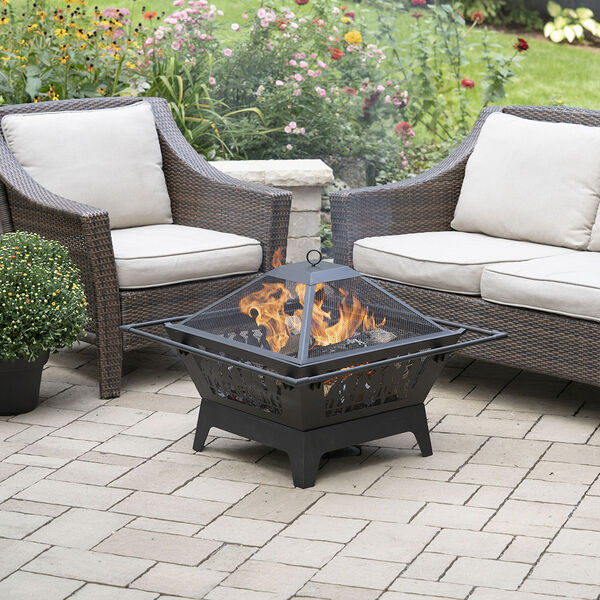 Black 31-Inch Square Fire Pit with Decorative Steel Base, image 3