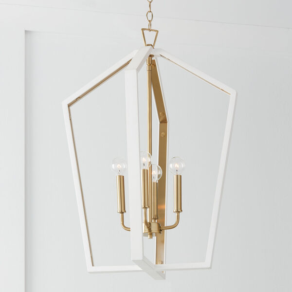 Maren Flat White and Matte Brass Four-Light Pendant Made with Handcrafted Mango Wood, image 5