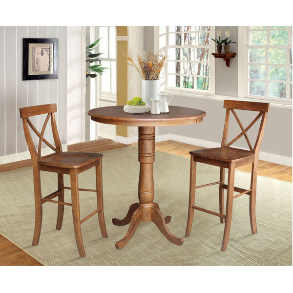 Distressed Oak 41-Inch Round Extension Dining Table with Two X-Back Stool, image 3