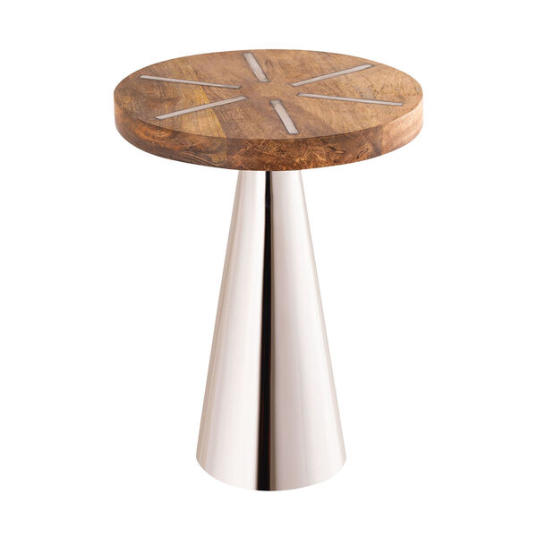 Roy Polished Nickel Cone-Shaped Side Table with Round Mango Wood Top, image 2
