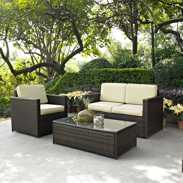 Palm Harbor 3 Piece Outdoor Wicker Seating Set With Sand Cushions - Loveseat, Chair and Glass Top Table, image 5