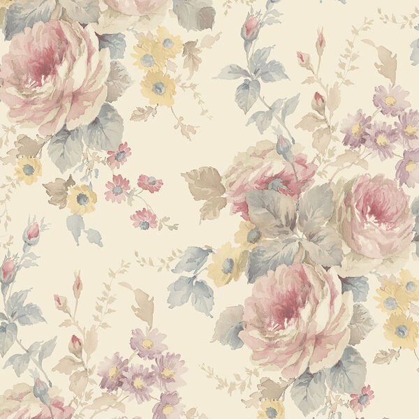 La Rosa Cream, Pink and Blue Floral Wallpaper, image 1
