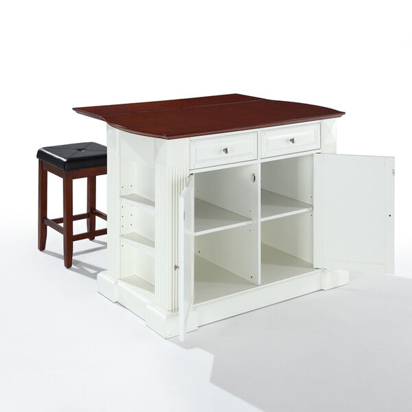 Drop Leaf Breakfast Bar Top Kitchen Island in White Finish with 24-Inch Cherry Upholstered Square Seat Stools, image 3