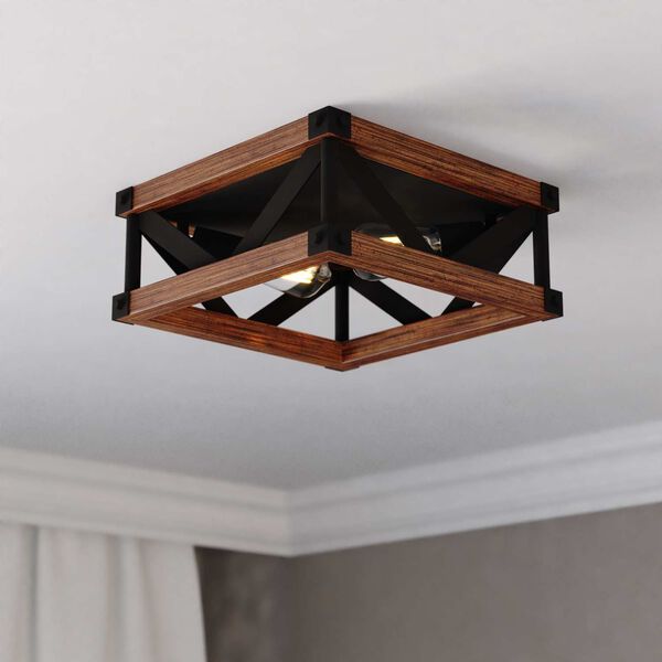 Wade Matte Black and Sycamore Two-Light Square Open Cage Flush Mount, image 2
