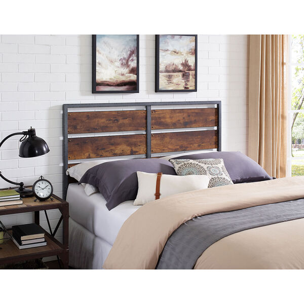 Queen Size Metal and Wood Plank Panel Headboard - Brown, image 1