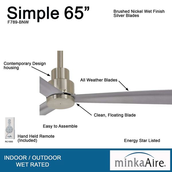 Simple Brushed Nickel 65-Inch Outdoor Ceiling Fan, image 4