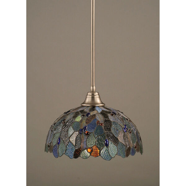 Brushed Nickel One-Light Pendant with Blue Mosaic Tiffany Glass, image 1