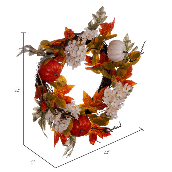 Orange and White 22-Inch Fall Pumpkin Hydrangea Wreath, image 2