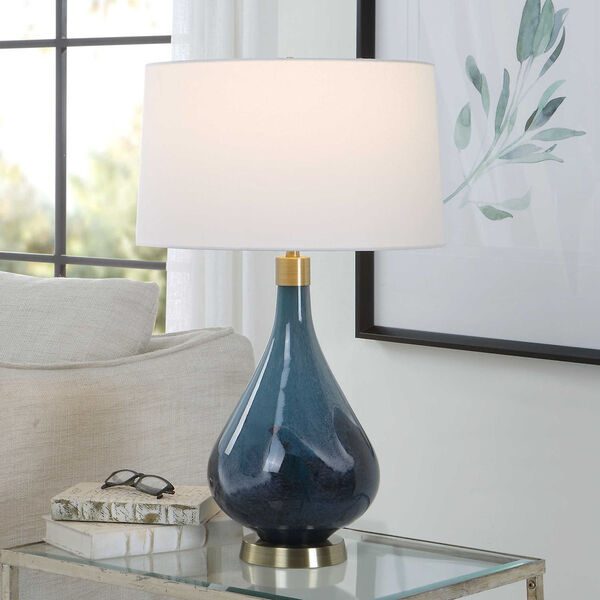 Riviera Blue and Antique Brass One-Light Table Lamp with White Shade, image 2
