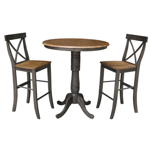 Hickory and Washed Coal 36-Inch Round Pedestal Bar Height Table With Two X-Back Bar Height Stools, Three-Piece, image 1