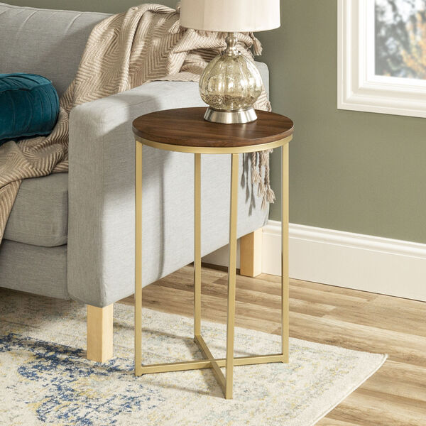Alissa Dark Walnut and Gold Metal X-Leg Side Table, Set of Two, image 1