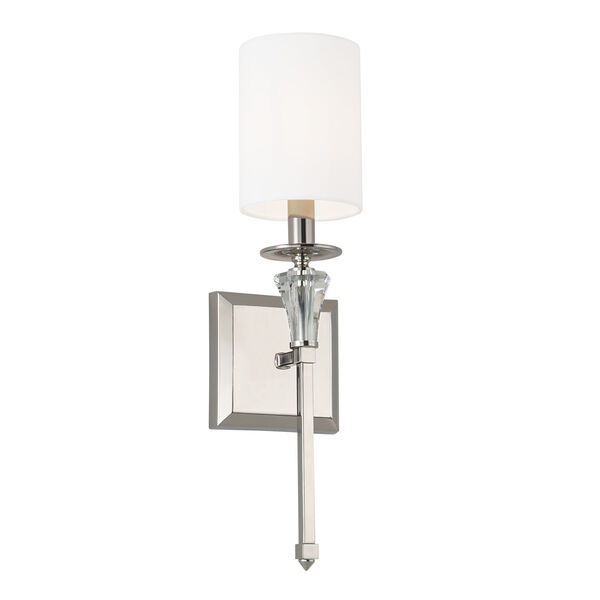 Laurent Polished Nickel and White One-Light Wall Sconce with White Fabric Stay Straight Shade and Crystal Bobeche, image 1