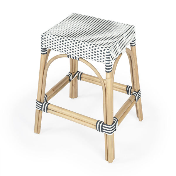Robias White and Navy Stripe on Natural Rattan Counter Stool, image 1