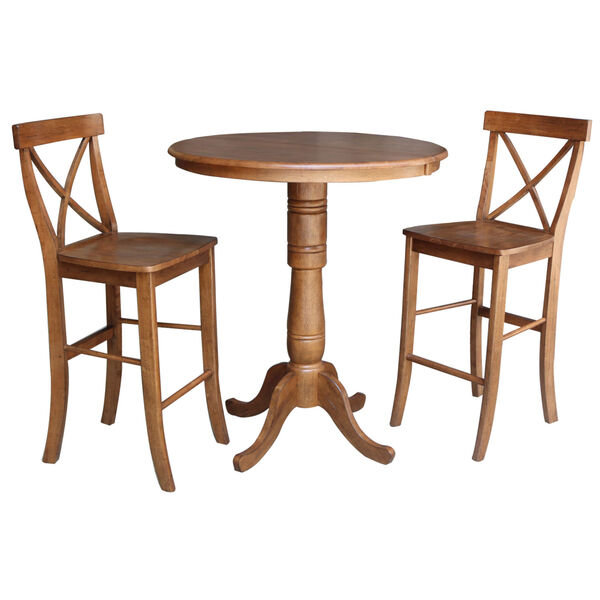 Distressed Oak 41-Inch Round Extension Dining Table with Two X-Back Stool, image 1