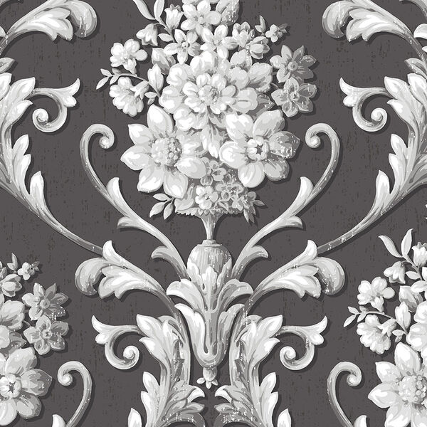 Floral Damask Black and Metallic Silver Wallpaper, image 1