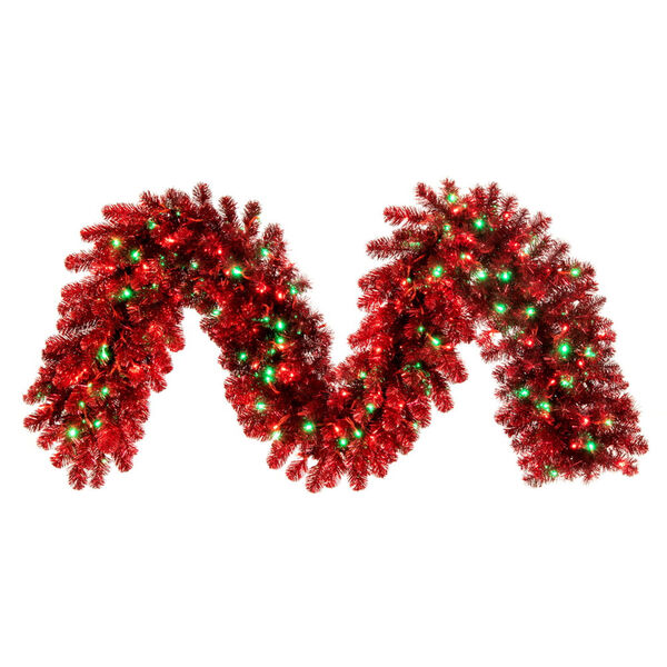 Red 9 Ft. x 18 In. Artificial Deluxe Tinsel Christmas Garland with Red and Green Wide Angle Mini Lights, image 1