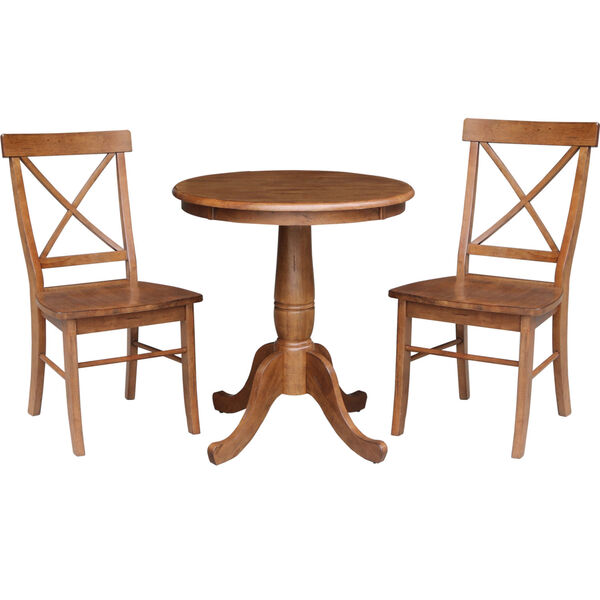 Distressed Oak 30-Inch Round Top Pedestal Table with Two X-Back Chair, Set of Three, image 2