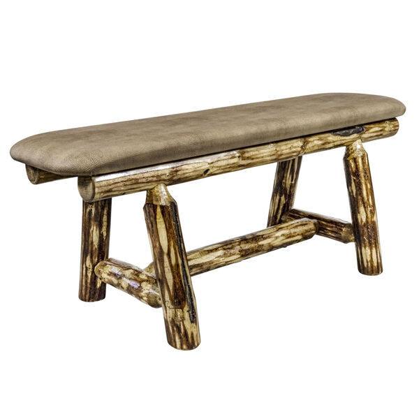 Glacier Country Stain and Lacquer Plank Style Bench with Buckskin Upholstery, image 1