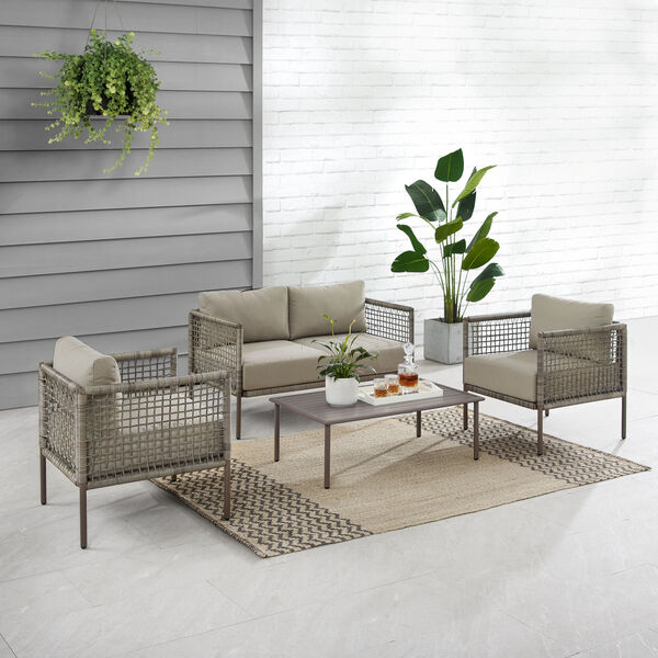 Cali Bay Taupe Light Brown Four-Piece Outdoor Wicker and Metal Conversation Set, image 2