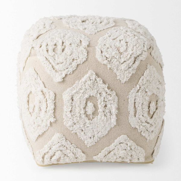 Ekanta Cream and Beige Patterned Cotton Pouf, image 4