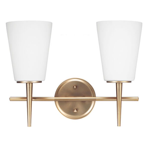 Driscoll Satin Brass Two Light Bathroom Vanity Fixture with Etched Glass Painted White Inside, image 1