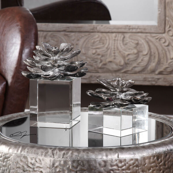 Indian Lotus Metallic Silver Flowers, Set of 2, image 2