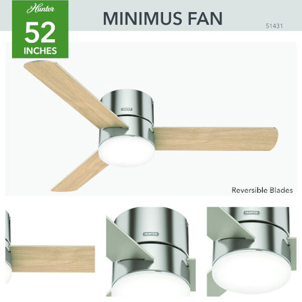 Minimus Brushed Nickel 52-Inch Low Profile Ceiling Fan with LED Light Kit and Handheld Remote, image 3
