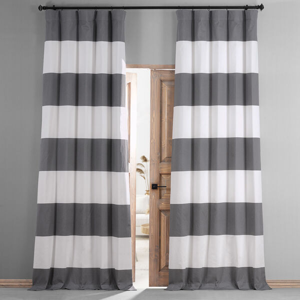 Slate Gray and Off White Printed Cotton Blackout Single Panel Curtain, image 1