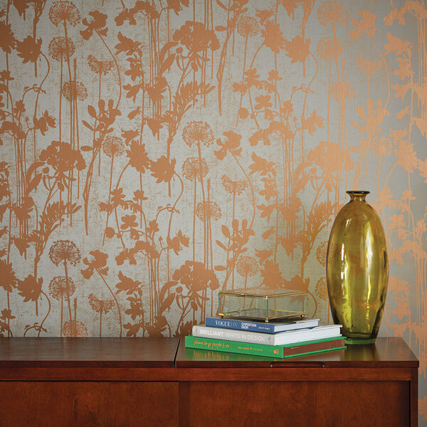 Distressed Floral Grey and Metallic Copper Removable Wallpaper, image 2