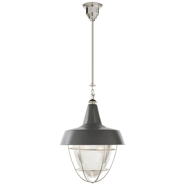 Henry Industrial Hanging Light in Polished Nickel and Green Shade with Industrial Prismatic Glass by Thomas O'Brien, image 1