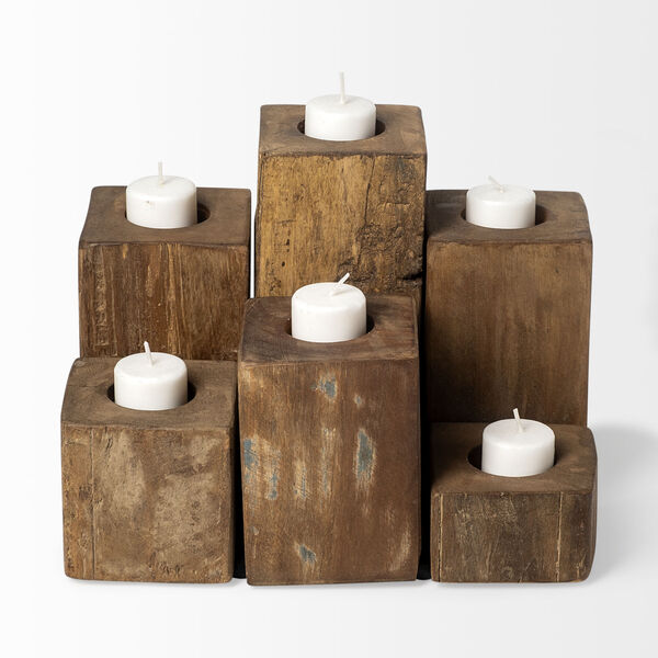 Cassius Light Brown Nine Wood Block Table Candle Holder, image 2