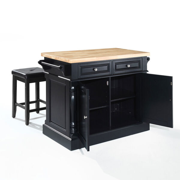 Butcher Block Top Kitchen Island in Black Finish with 24-Inch Black Upholstered Square Seat Stools, image 2