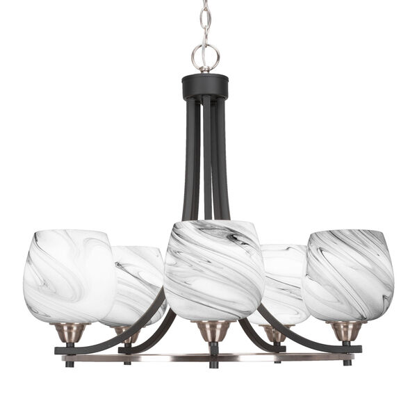 Paramount Matte Black and Brushed Nickel Five-Light Chandelier with Onyx Swirl Glass, image 1