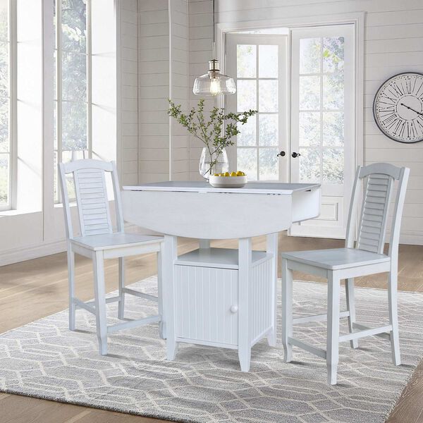 Dual Drop Leaf Antiqued White Chalk  Bistro Table  With Storage and Two Counter Height  Stools, image 5